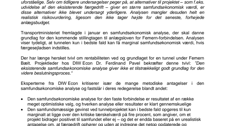 Rapport fra den tyske tænketank DIW Econ bekræfter tvivlen om den samfundsøkonomiske værdi af Femern-tunnelen