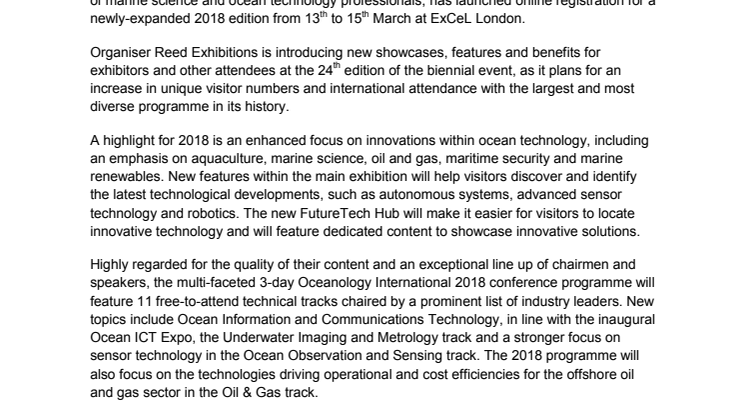 Expanded Oceanology International 2018 Opens for Registration with New Events and Features