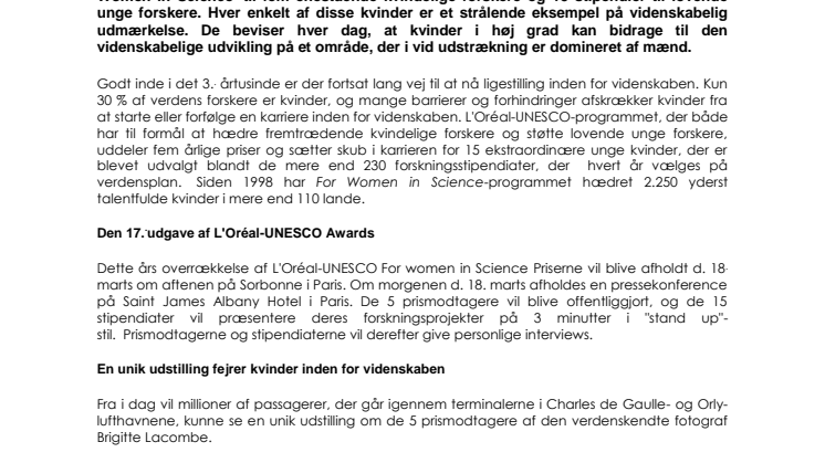 17. årlige prisoverrækkelse L'ORÉAL-UNESCO For Women in Science