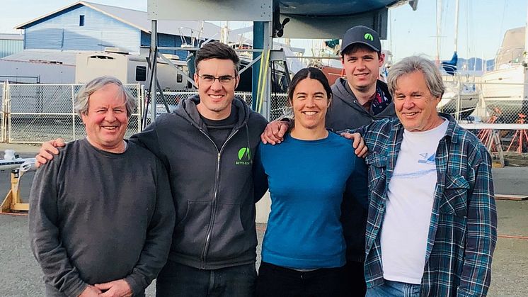 Ocean Signal-sponsored solo rower Lia Ditton with: (from left) Jim Betts, Geoff Thilo, Will Porter and Jim Antrim