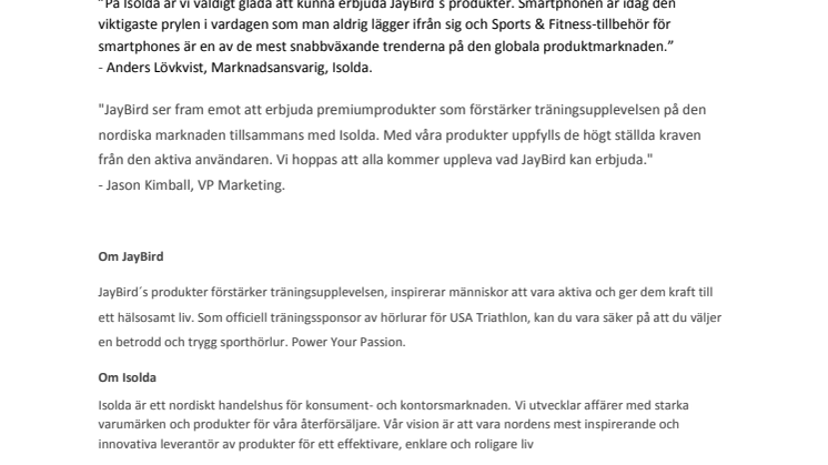 Isolda lanserar JayBird på den nordiska marknaden – Power your passion
