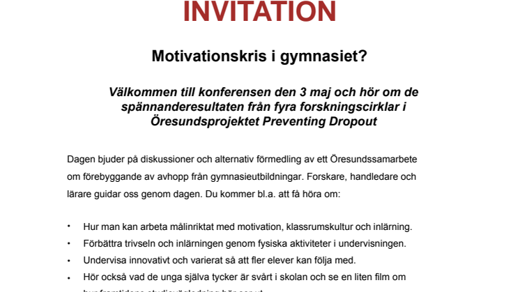 Pressinbjudan: Konferens ”Motivationskris i gymnasiet” den 3 maj