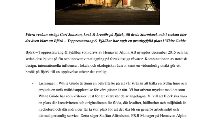 Björk tar prestigefylld plats i White Guide!