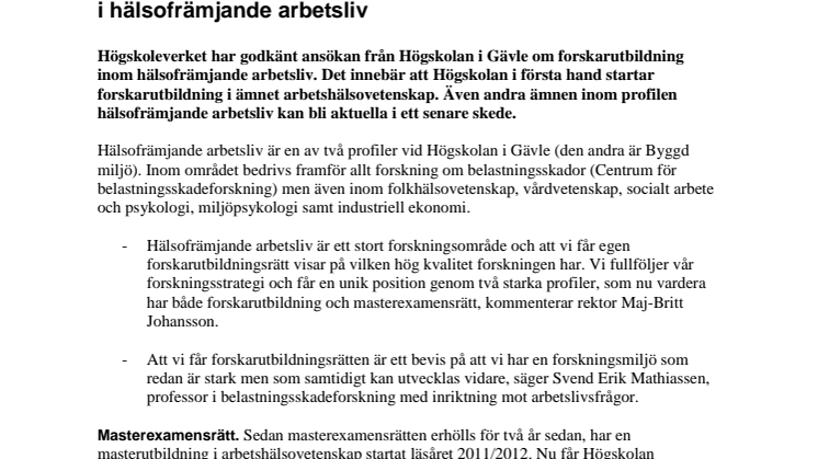 Högskolan i Gävle får egen forskarutbildning i hälsofrämjande arbetsliv
