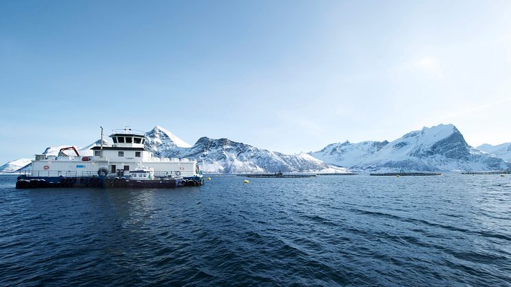 Feed barge at Norwegian salmon farm