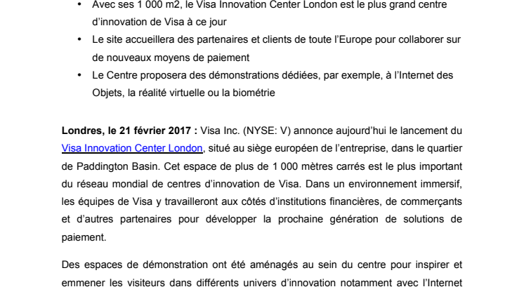 Visa inaugure son centre d’innovation à Londres  et étend l’accès à sa plateforme d’API « Visa Developer » à ses clients et partenaires européens