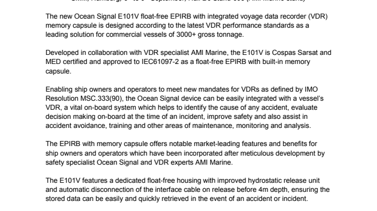 Ocean Signal: SMM 2016: New Ocean Signal E101V Float-Free EPIRB with VDR Memory Capsule
