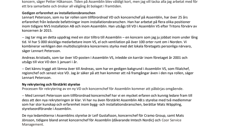 Lennart Petersson tillträder som tillförordnad VD och koncernchef i Assemblin-koncernen
