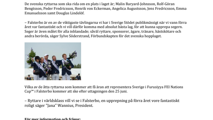 Sveriges kandidater till Falsterbo Furusiyya FEI Nations Cup™ presented by Longines 