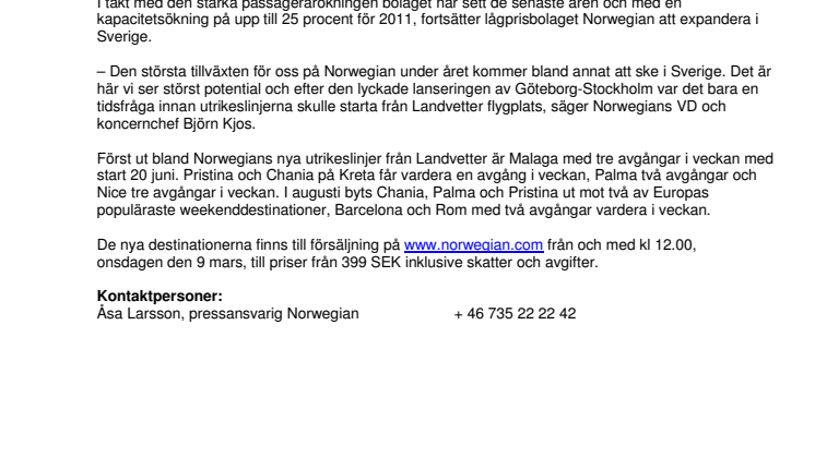 Norwegian lanserar sju nya direktlinjer från Göteborg