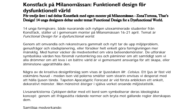 Konstfack på Milanomässan: Funktionell design för dysfunktionell värld 