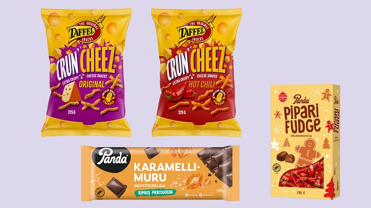 Orkla Suomen syksyn uutuuksissa Taffel CrunCheez ja Panda Piparifudge 