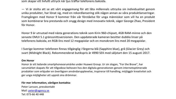 Över en miljon sålda enheter av Honor 9 på mindre än en månad