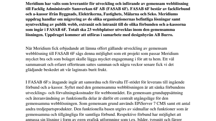 Meridium får uppdrag att utveckla gemensam webblösning till FASAB 6F
