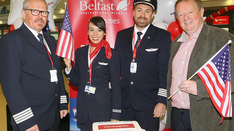 Lars Garde (Captain), Diana Menzes (Cabin Crew)  Robert Bjorkholm (Co-pilot) and Graham Keddie (MD Belfast International Airport)