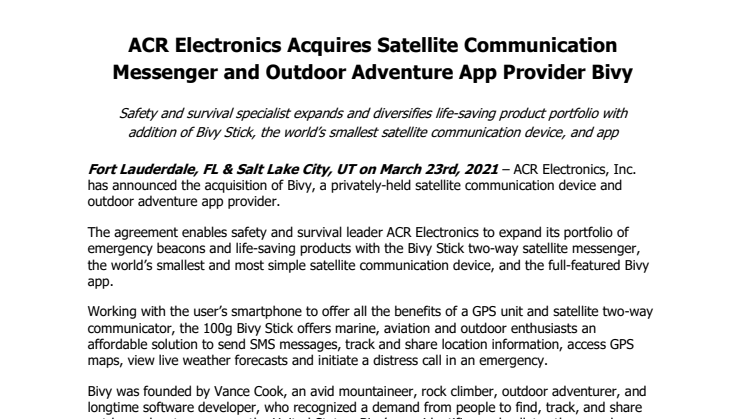 ACR Electronics Acquires Satellite Communication Messenger and Outdoor Adventure App Provider Bivy