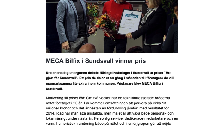 MECA Bilfix i Sundsvall vinner pris