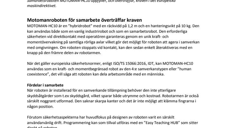 Motomanroboten för samarbete överträffar kraven