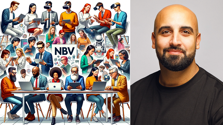 Bilden till vänster föreställer en tolkning av personer som utforskar digitala verktyg och tekniker hos NBV. Bilden är genererad med hjälp av ChatGPT 4 och DALL-E 3. Till höger: Samuel Somo, utvecklingsstrateg NBV