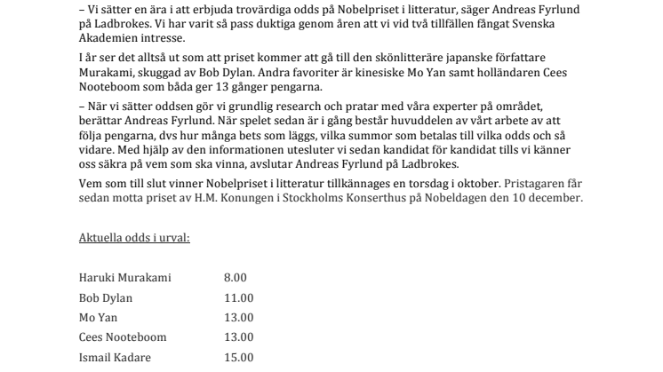 Haruki Murakami Ladbrokes favorit till Nobelpriset i litteratur