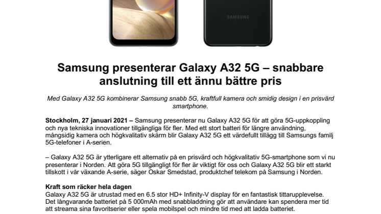 Samsung presenterar Galaxy A32 5G – snabbare anslutning till ett ännu bättre pris