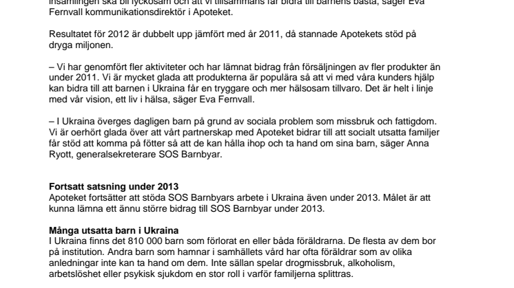 Apoteket bidrar med 2,4 miljoner till SOS Barnbyar i Ukraina
