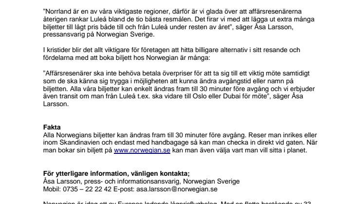 Norwegian firar Luleås comeback på affärsresenärernas tio-i-topplista med extra många lågprisbiljetter
