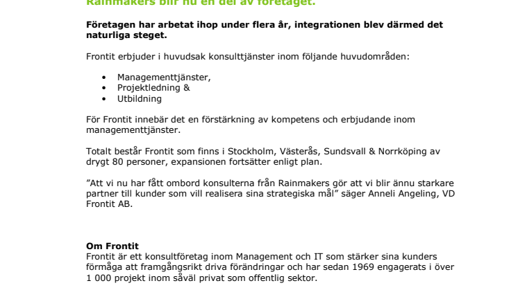 Frontit stärker sitt erbjudande inom managementtjänster, Rainmakers blir nu en del av företaget.