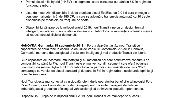 Cel mai inteligent și productiv Ford Transit își face debutul global la Salonul de Vehicule Utilitare din Hanovra