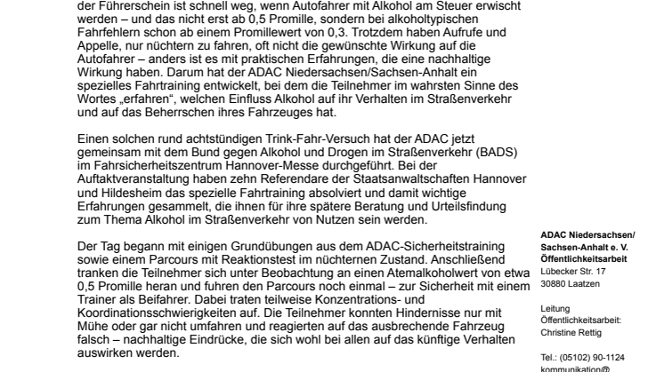 Trink-Fahr-Versuch von ADAC und Bund gegen Alkohol und Drogen im Straßenverkehr (BADS)