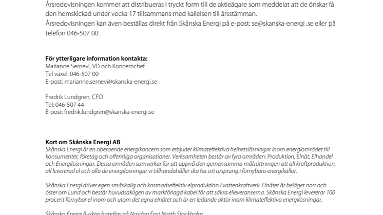 Skånska Energi AB offentliggör årsredovisningen för 2018