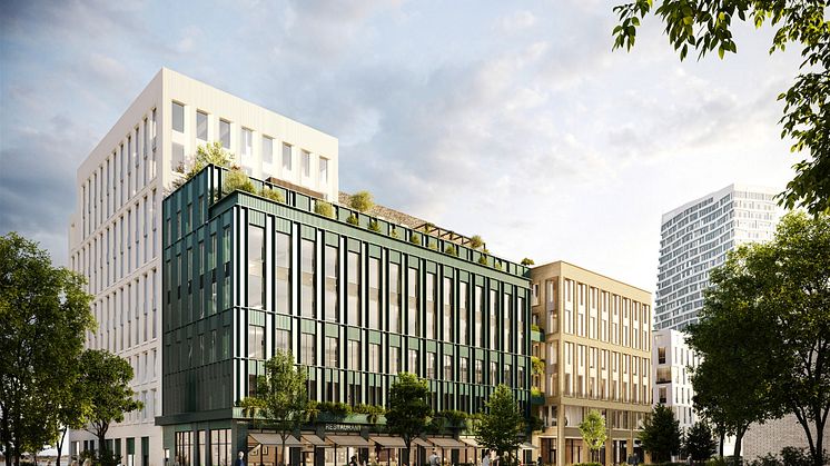 Wihlborgs projekt Kvartetten (Pulpeten 5) i Hyllie, ett kontorshus på 16 000 kvm, certifieras enligt Miljöbyggnad guld, WELL och NollCO2. Bild: Walk the Room