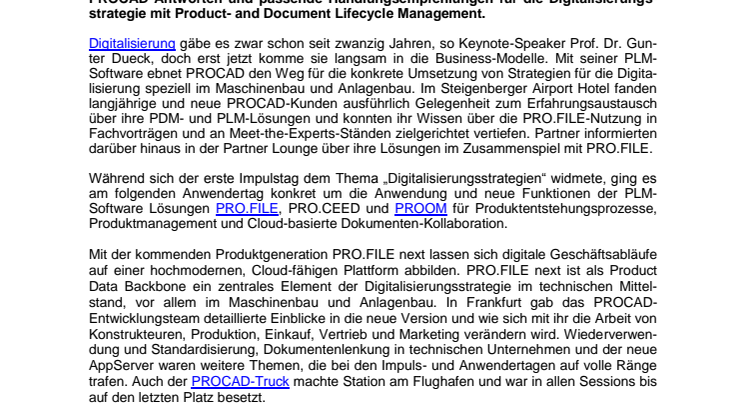 Digitalisierung für Maschinenbau und Anlagenbau - Impuls- und Anwendertage von PROCAD zeigten das ganze Spektrum