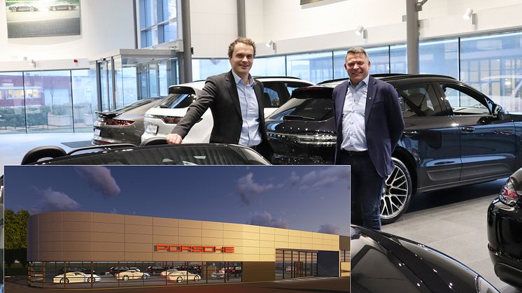 Hedin skal ta kundeopplevelsen til et nytt nivå når de åpner det 1 800 kvm store Porsche-senteret i Sørlandsparken i Kristiansand; f.v. Stig Sæveland, adm. dir Hedin Automotive og Terje Fjogstad, daglig leder i Porsche Center Sør og Stavanger 