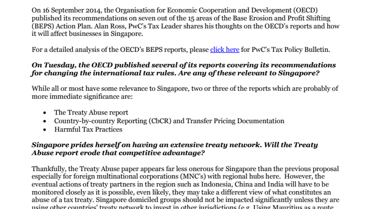 PoV: OECD recommendations on BEPS - How is Singapore affected?