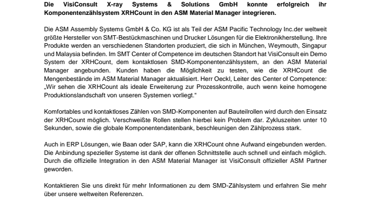 VisiConsult integriert XRHCount in den ASM Material Manager 