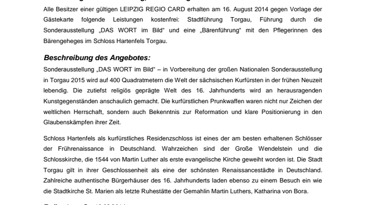 Aktionsangebot Schloss Hartenfels Torgau 16.08.2014