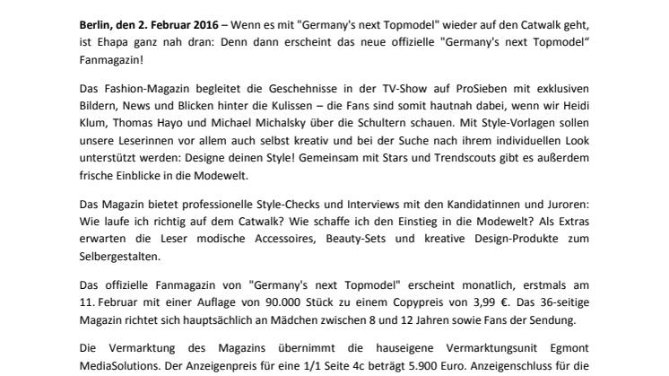 Neu bei Ehapa: Das "Germany's next Topmodel"-Magazin erscheint am 11. Februar 2016!