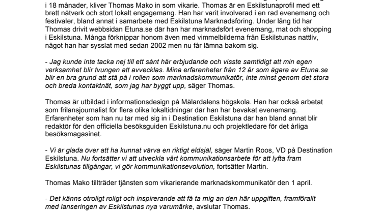 ​Thomas Mako blir ny marknadskommunikatör på Destination Eskilstuna