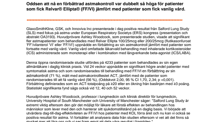 Positiva resultat från Salford Lung Study (SLS) Astma presenterade vid European Respiratory Congress