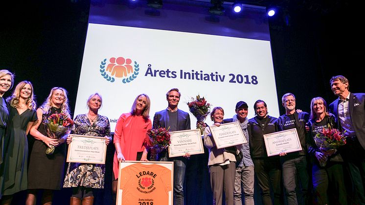 Finalister och vinnare av Årets Initiativ 2018: Hälsa för chefer. Från vänster: Olofströms kommun (3:e plats), The Amazing Society (vinnare), Sturebadet Health (4:e plats) och Scandic Health Club (2:a plats). Bild: LPT
