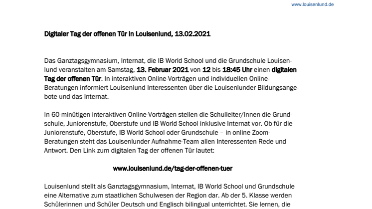 Digitaler Tag der offenen Tür in Louisenlund, 13.02.2021