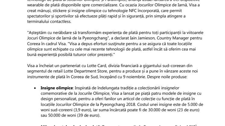 Visa introduce noi tehnologii wearable de plată pentru spectatorii Jocurilor Olimpice de Iarna de la Pyeongchang din 2018