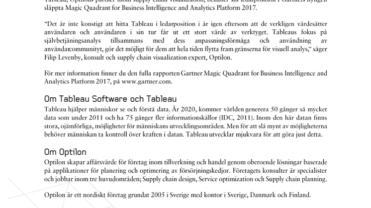 Optilons partner Tableau utsedd till ledare för femte året i rad
