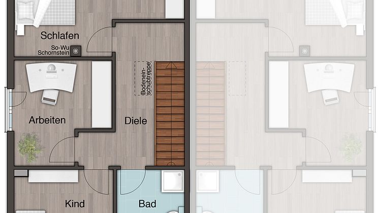 Grundriss Obergeschoss Doppelhaus Aura 125