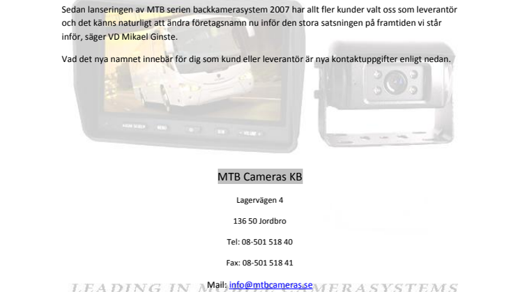 Mxn Security KB byter nu namn till MTB Cameras KB 
