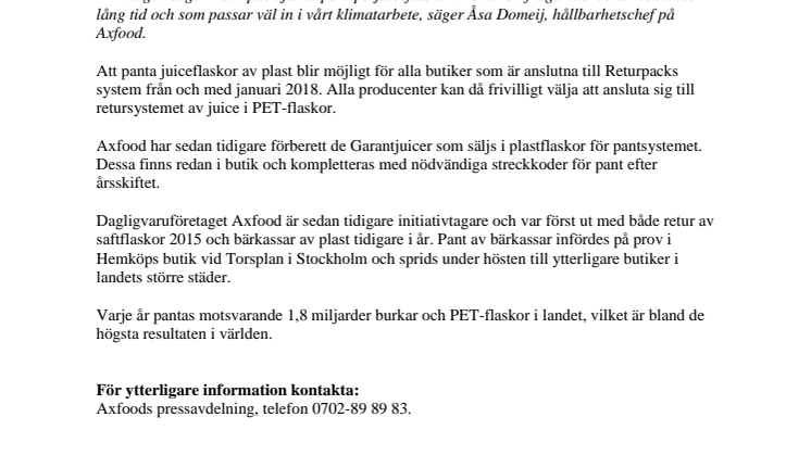 Axfood inför pant på juiceflaskor