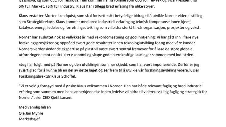 Dr. Klaus Schöffel er ansatt som ny forskningsdirektør i Norner