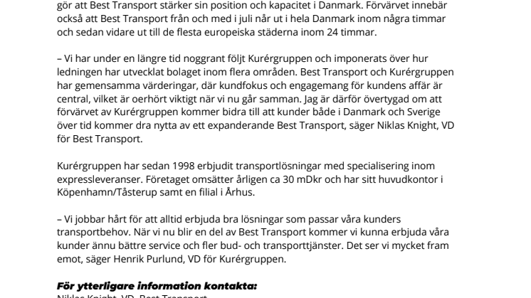 Best Transport förvärvar Kurérgruppen i Danmark