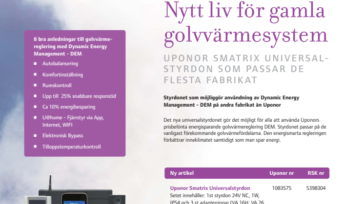 Nytt liv i gamla golvvärmesystem - Uponor Smatrix Universalstyrdon passar de flesta fabrikat